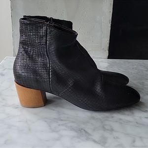 Black Textured Ankle Boots with Wooden Heel